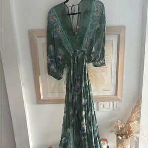 Teal Green Maxi Dress with beads and gold threading